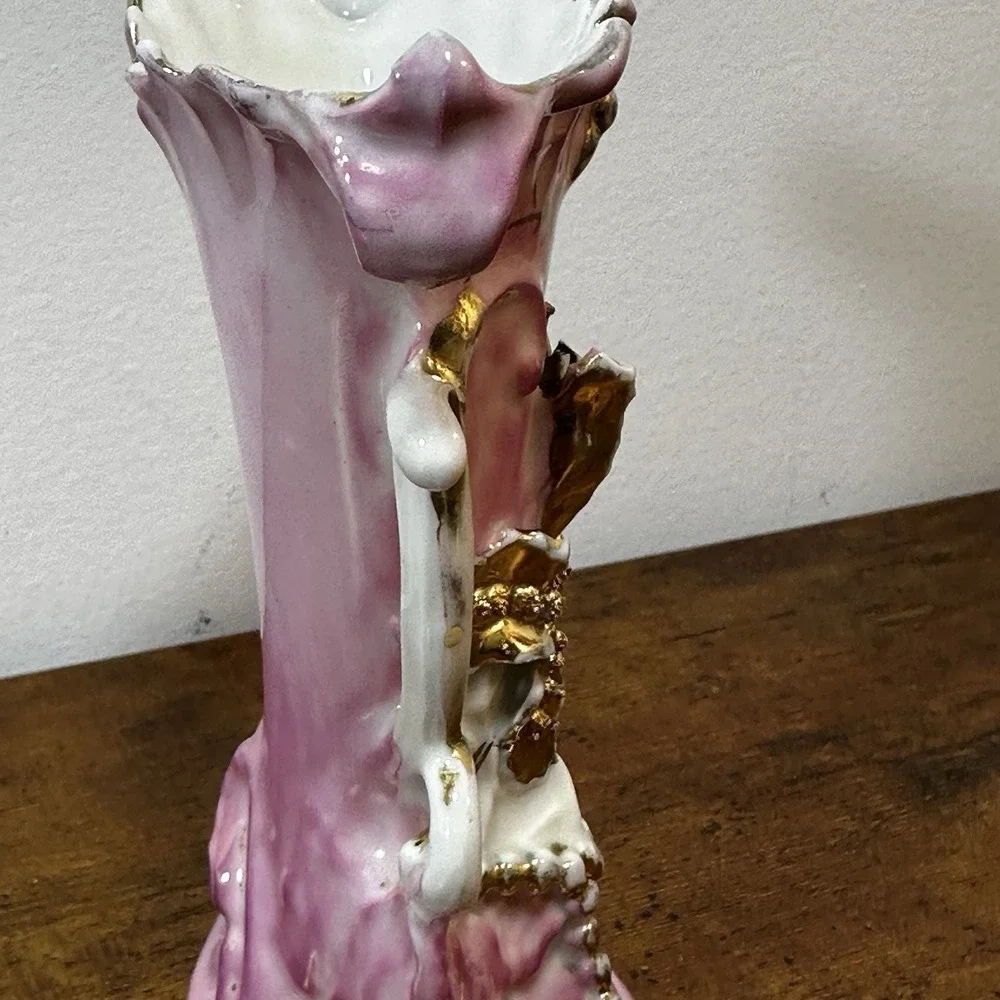 Victorian Porcelain Vase Pink & Gold Rococo Applied flower Cottagecore